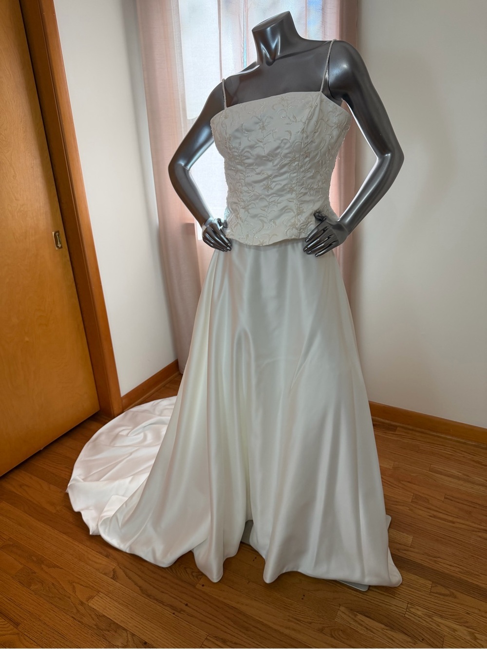 Mori Lee ivory two piece with Embroidered Bodice and Satin A-Line skirt.